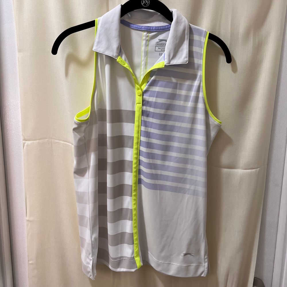 Slazenger Sleeveless Golf Tank Top w/Neon Yellow Trim Striped Pattern White-M